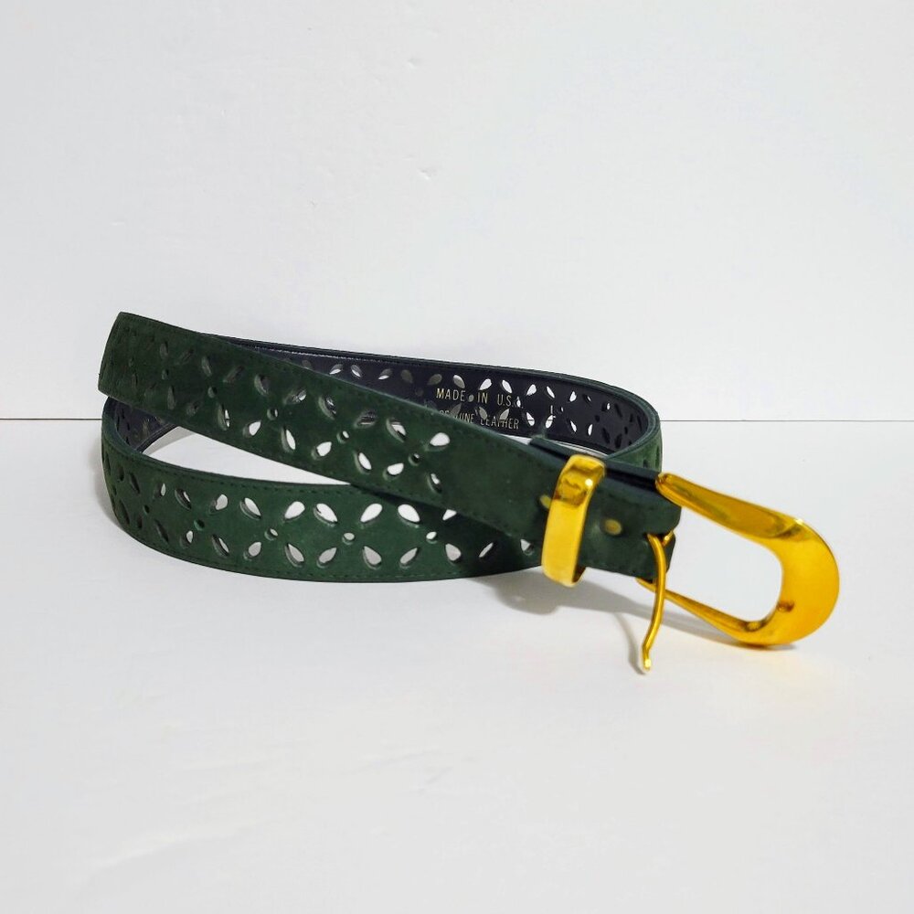 Women's Evergreen Flower Cutouts Genuine Suede Leather Belt Size L Made in USA